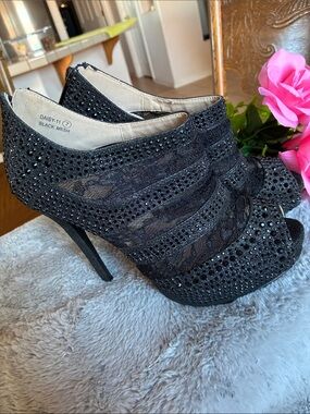 Bella Marie Black Lace & Rhinestone Peep-Toe Booties